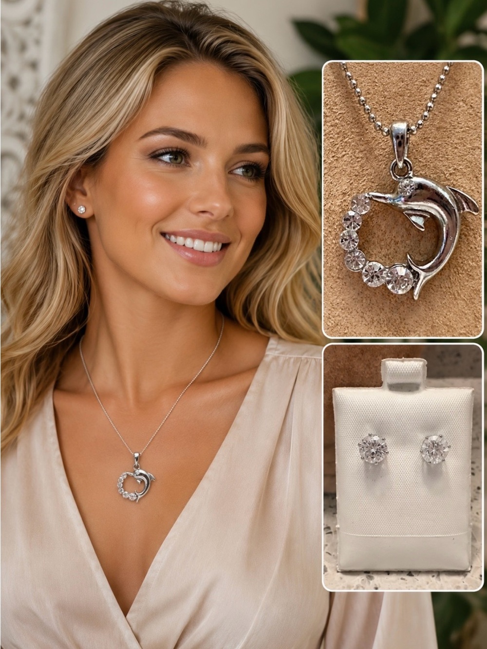 Dolphin theme pendant necklace with rhinestones and earrings